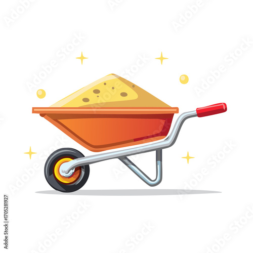 Shiny orange cartoon wheelbarrow full of yellow sand for construction or gardening work vector icon