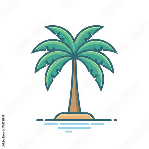 Stylized palm tree with green fronds standing on a sandy island in blue water