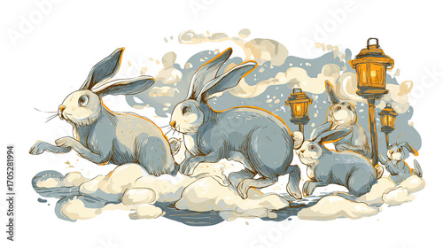 Whimsical Retro Illustration of Rabbits Leaping Through Night Snow with Lanterns