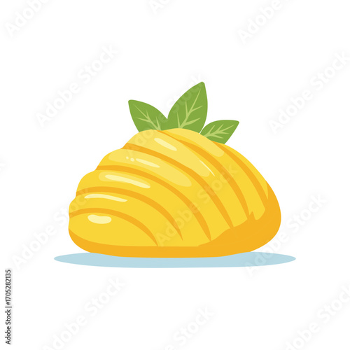 Sliced ripe mango with fresh green leaves, delicious tropical fruit drawing, isolated illustration