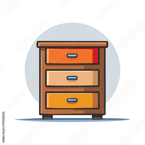 Wooden dresser with three drawers and colorful design element