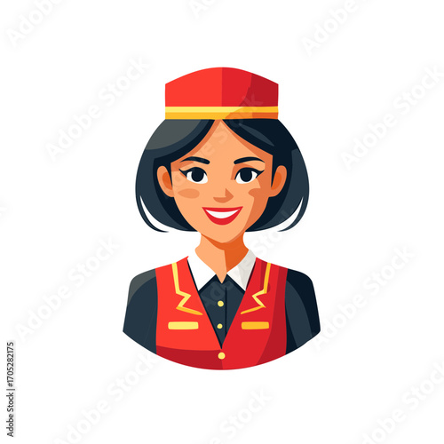 Cheerful hotel staff member in professional red uniform and hat smiling sincerely