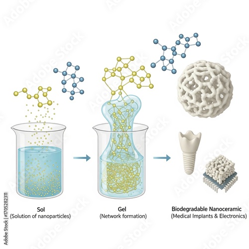 diagram illustrating the sol-gel process for synthesizing biodegradable nanoceramics. The image shows the transition from a sol (nanoparticle solution) to a gel (network formation)