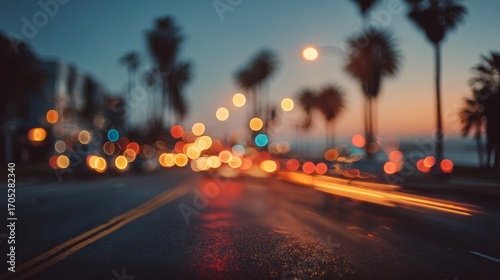A blurred city street scene at dusk with palm trees and colorful bokeh lights. The road reflects the warm hues of sunset.