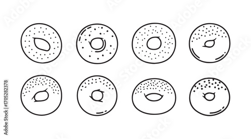 Collection of eight hand drawn bagel silhouettes with various seed toppings