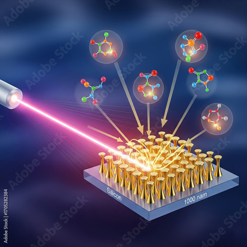 nanotechnology process using a laser to interact with a nanostructured surface. The diagram depicts a plasmonic sensor detecting different molecules
