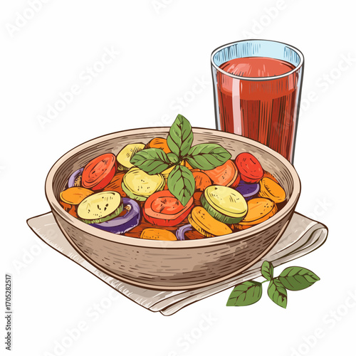 Delicious bowl of traditional French ratatouille, a healthy vegetable stew with fresh basil, isolated on white background