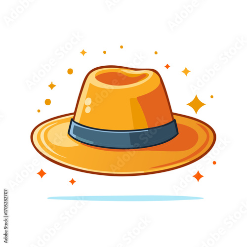Bright yellow fedora hat with a blue band illustrated with shining stars and highlights