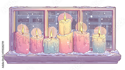 Retro illustration of colorful candles on a snowy windowsill during winter.