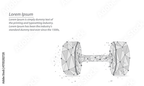 Futuristic digital dumbbell made of glowing white polygonal lines and dots.Low poly wireframe dumbbell illustration on a white background. Ideal for fitness, vector illustration.