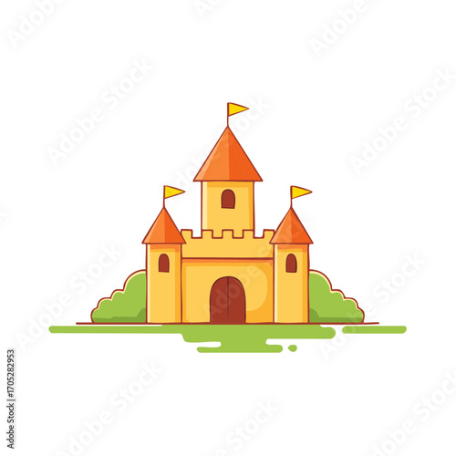 Cartoon illustration of a fairytale castle with towers flags and green bushes on a plain background