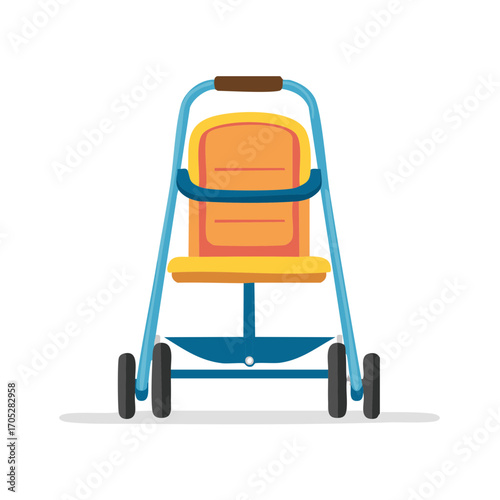 A colorful empty baby stroller or pram shown from a front-facing view. Flat vector design illustration.