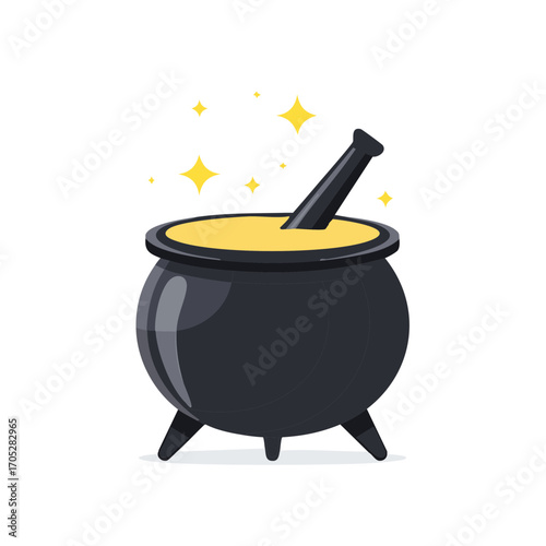 Magical bubbling cauldron with stirring stick and sparkles