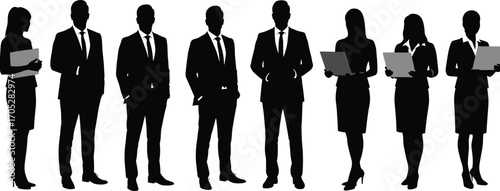 Business team silhouettes with laptops and folders, professional men and women in formal suits, corporate office group vector illustration