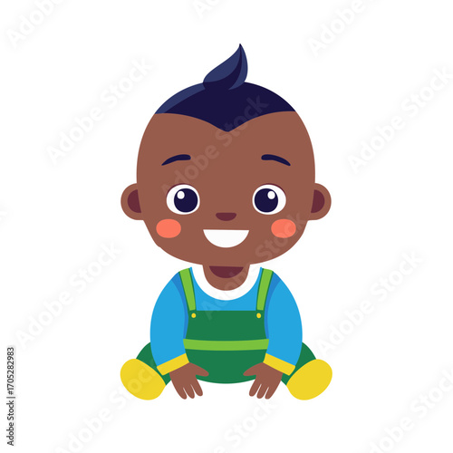 Joyful Toddler with a Bright Smile: Cute Cartoon Illustration of Baby in Overalls