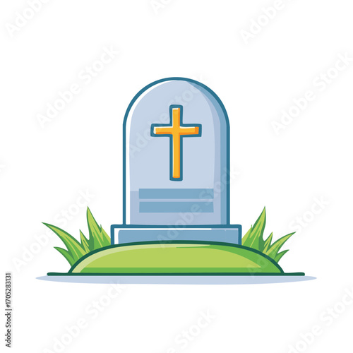 A serene tombstone with a golden cross surrounded by verdant grass in a peaceful memorial park symbolizes eternal rest