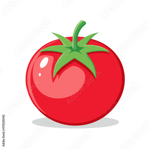Bright red cartoon tomato with green stem and leaves on white background
