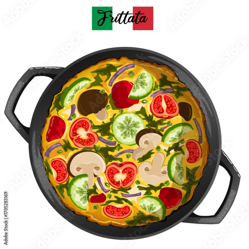 Delicious Vegetable Frittata Pot Top View Illustration - Cherry Tomatoes, Cucumbers, Spinach, Onions, Mushrooms and Scallions Italian Omelette