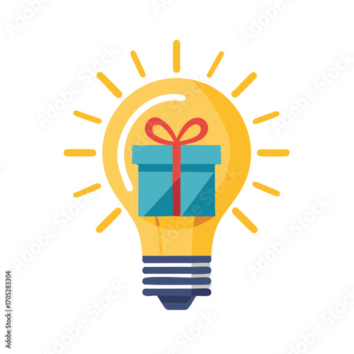 Illuminated idea light bulb with a gift box inside and radiating lines