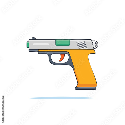Vibrant cartoon pistol illustration, flat design handgun, modern weapon icon graphic