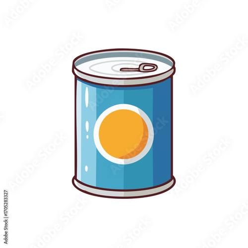 Stylized cartoon illustration of a can of food with a label and pull tab.