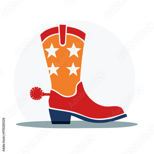 Lone star cowboy boot with spur and star accents, colorful western footwear illustration