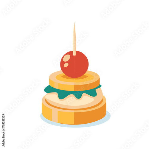 Stylized appetizer with a red cherry on top and layers of bread and creamy filling