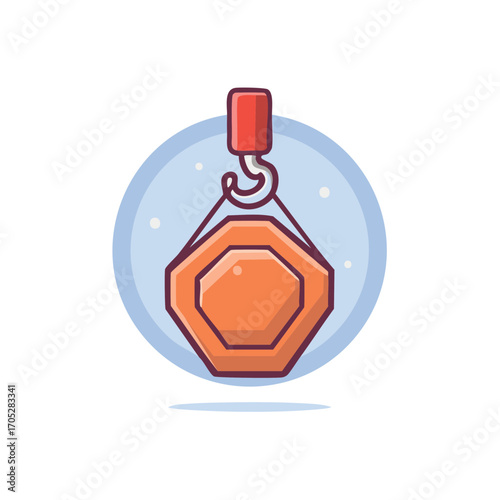 Vibrant cartoon illustration showing an industrial crane hook suspending a bright orange octagonal object