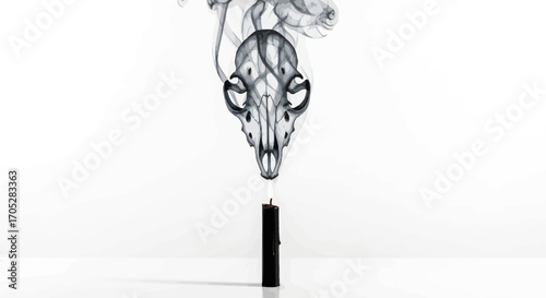 Ephemeral artwork of a candle flame transforming into a haunting skull design through smoke