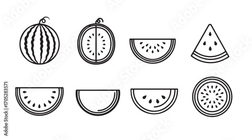 Collection of watermelon slices and whole fruit in a simple outline silhouette