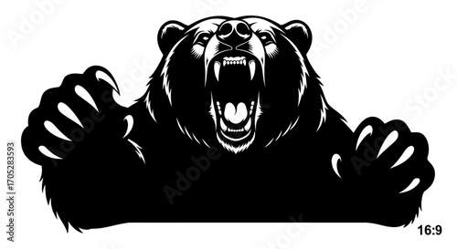 Fearsome grizzly bear roars with sharp claws outstretched in menacing posture aggressive animal