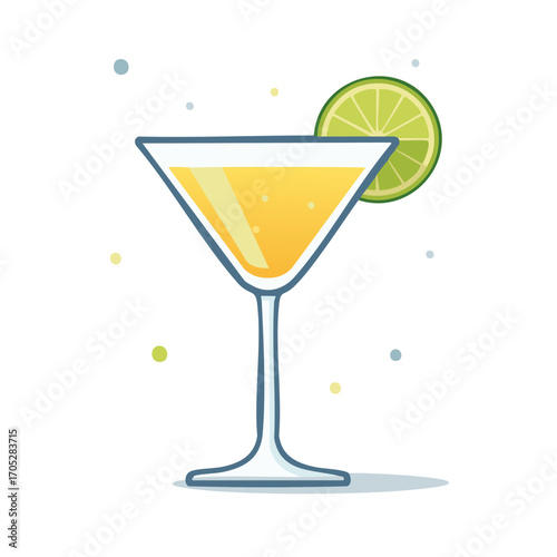 Vibrant yellow cocktail drink in a classic martini glass with a lime garnish flat illustration