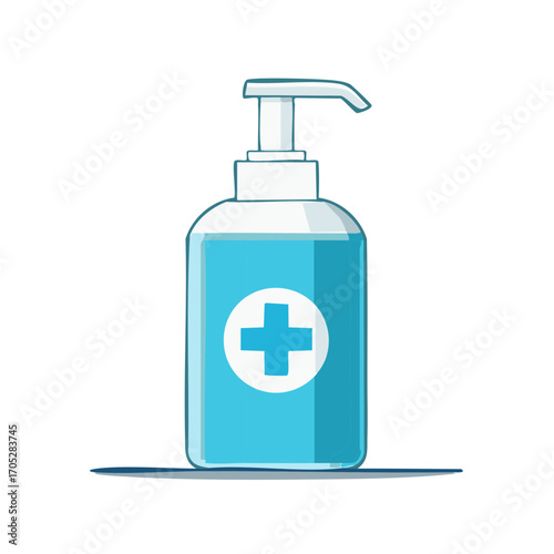 Blue hand sanitizer gel pump bottle with medical cross symbol for personal hygiene and health protection illustration