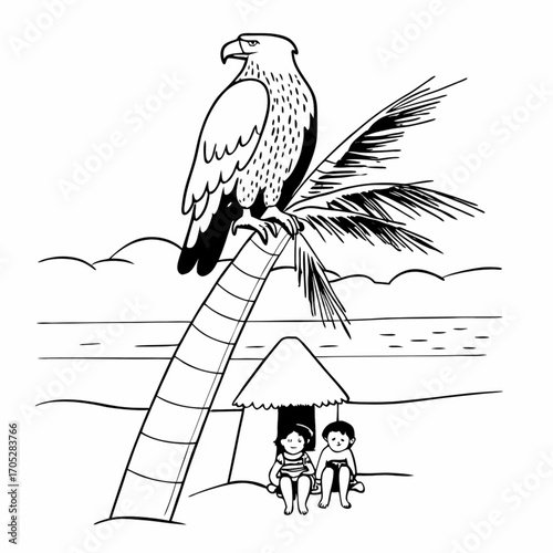 Minimilist eagle perched on a palm tree overlooking a beach scene with children under a thatched roof hut near ocean vector