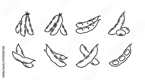 Collection of hand drawn edamame pods and beans in a simple silhouette style