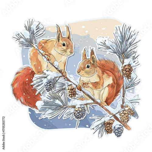 Artistic Illustration of Two Squirrels in Winter