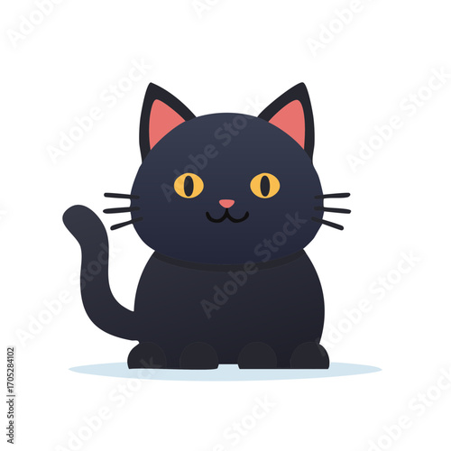 Cute cartoon black cat with yellow eyes waving its tail in a friendly manner