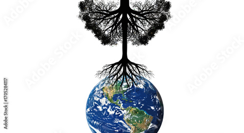 Interconnectedness of nature depicted through tree branches and roots engulfing Earth