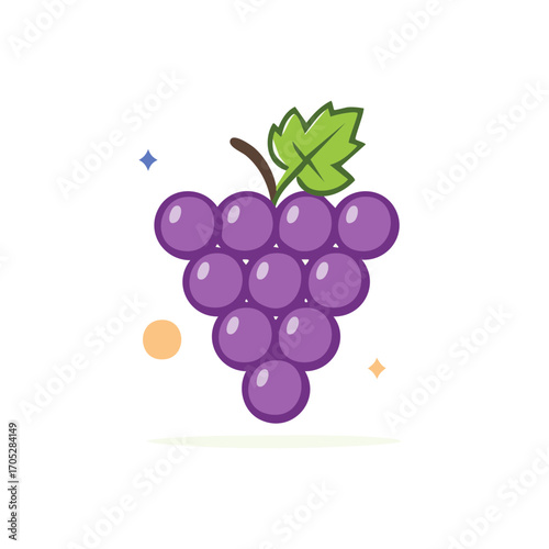 Vibrant purple grapes with a green leaf and playful sparkles isolated on white