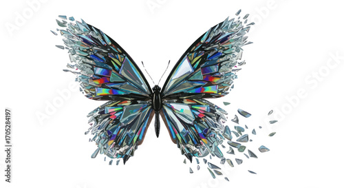 Iridescent fragmented butterfly design on a clean white background artistic expression