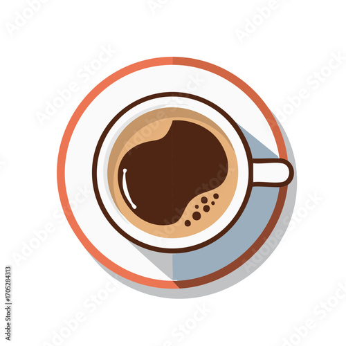 Overhead vector illustration of a cup of brewed coffee on a saucer with abstract shape and flat design suitable for commercial use