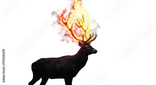 Majestic fiery horned deer, a captivating and surreal representation of nature's intensity
