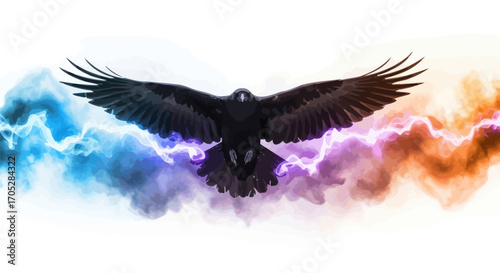 Majestic raven soaring amidst vibrant elemental energies with outstretched wings