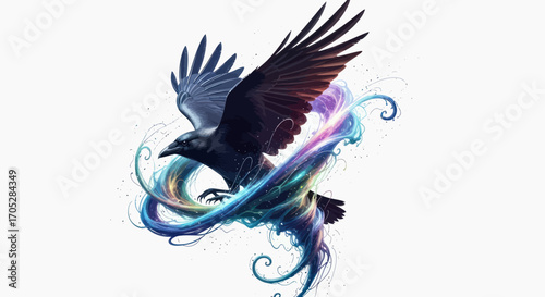 Majestic raven soars amidst a vibrant explosion of ethereal light and color trails