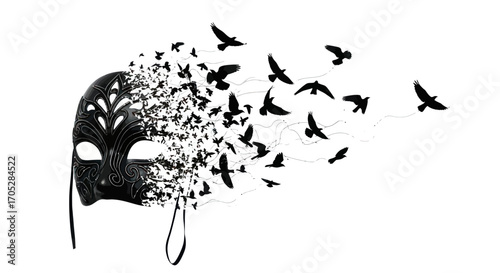 Metamorphosis a Venetian mask gradually transforming into a flock of soaring birds