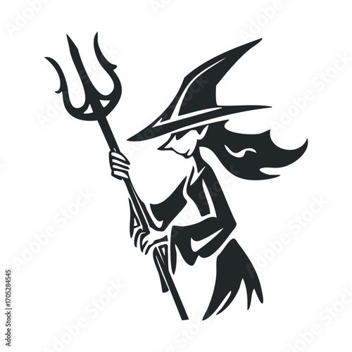  A witch holding a trident, in a simple silhouette.