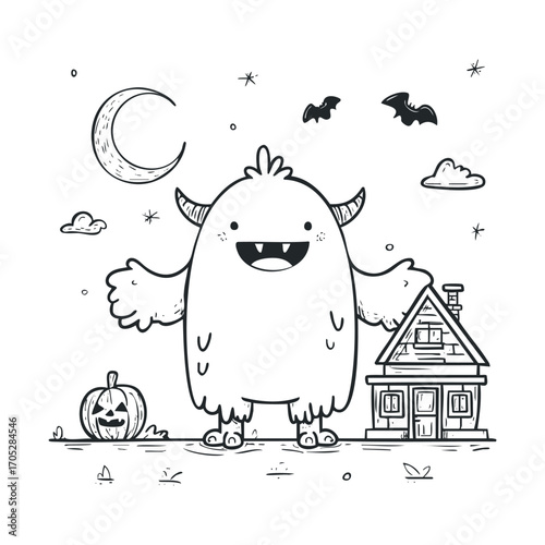 A friendly monster at night with a house and a pumpkin.