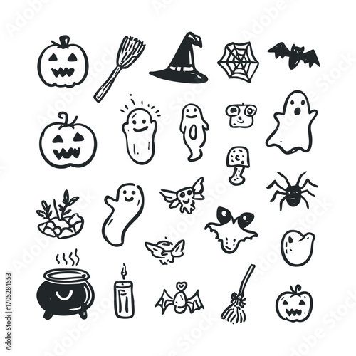A collection of simple, spooky Halloween-themed doodles.