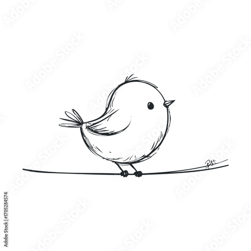 A simple, cute doodle of a round bird on a line.
