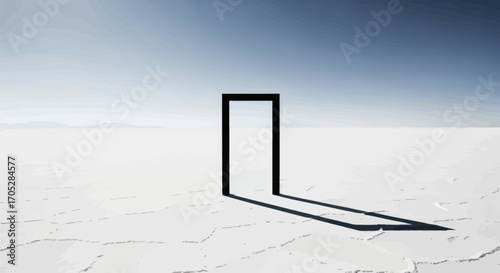 Minimalist composition of a black doorway frame on a stark white cracked landscape horizon